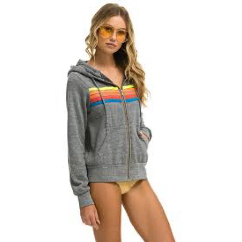 Aviator Nation 5 Stripe Zip Hoodie Heather Grey/Neon Rainbow