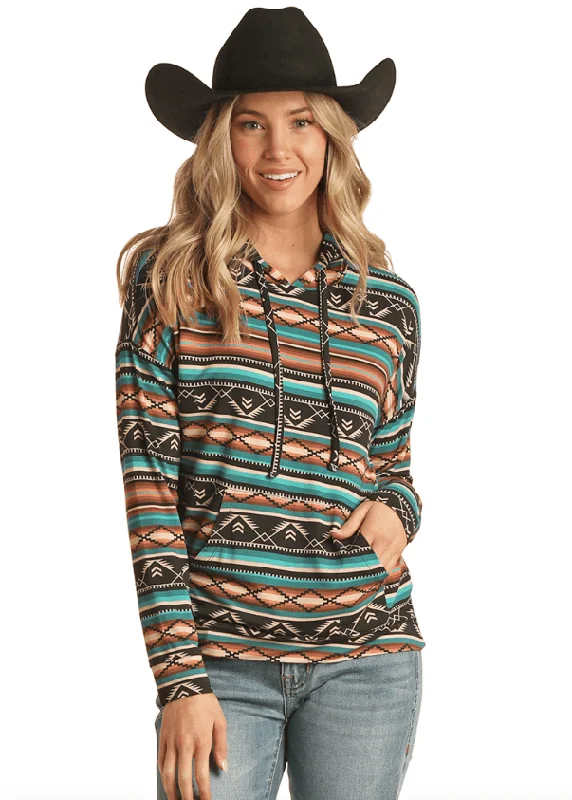 Rock & Roll Cowgirl Black & Teal Aztec Print Lightweight Hoodie RRWT94R0AV