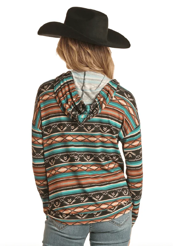 Rock & Roll Cowgirl Black & Teal Aztec Print Lightweight Hoodie RRWT94R0AV