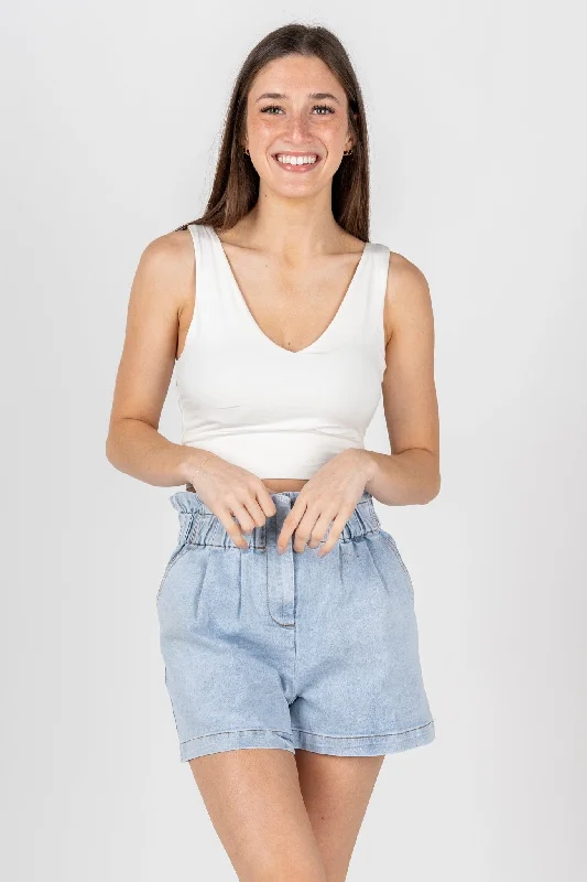 Paper bag waist shorts chambray