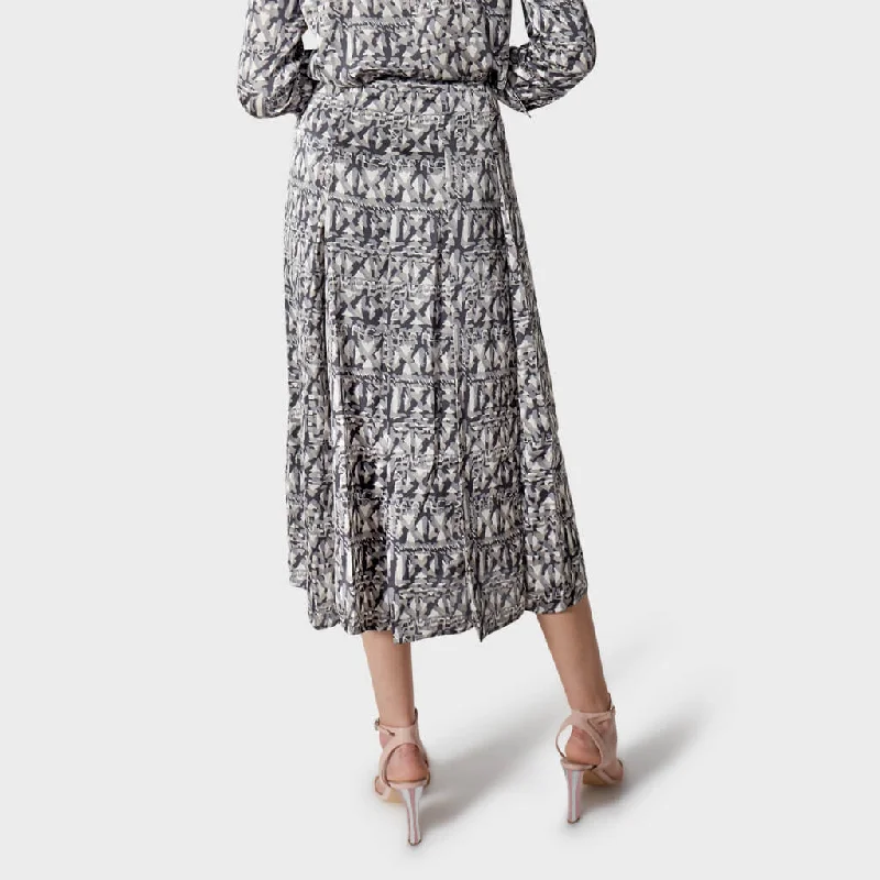 Pleated Midi Skirt in Abstract Grey Print