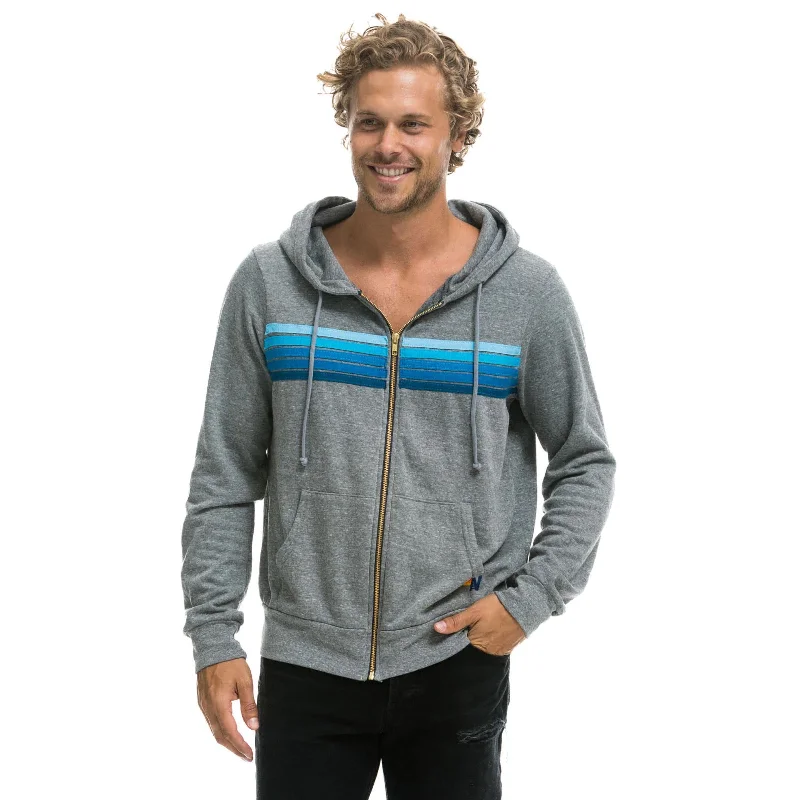 Aviator Nation 5 Stripe Zip Hoodie Heather Grey/Blue NEW