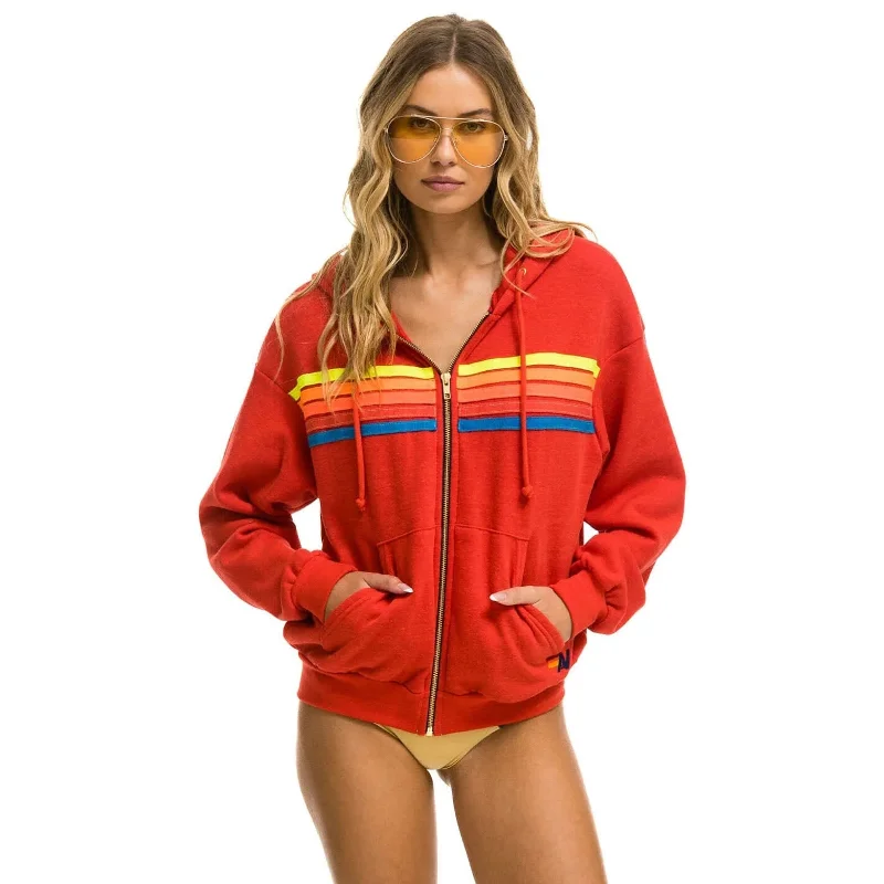 Aviator Nation 5 Stripe Relaxed Zip Hoodie Red/Neon Rainbow NEW