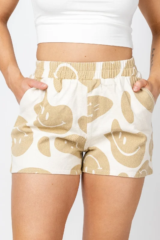 Smiley print shorts tan