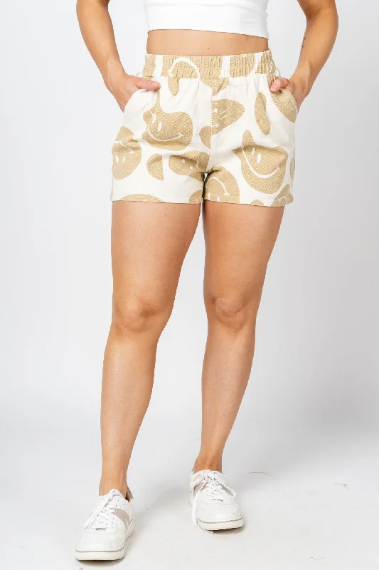 Smiley print shorts tan