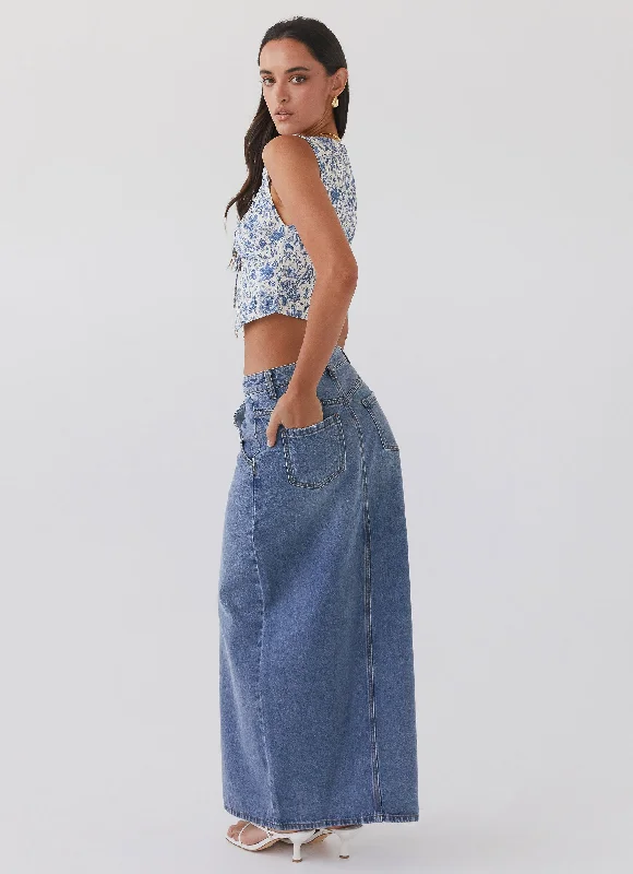 Walk This Way Denim Maxi Skirt - Blue